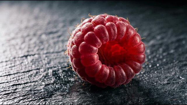 Side profile of fresh red raspberry sitting on dark stone table with high contrast lighting emphasizing red color for gourmet food concept