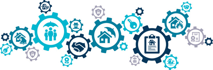 Home insurance vector illustration. Blue concept with icons related to insuring a house or residential property, homeowners insurance, security and damage protection for fire, flood or storms.