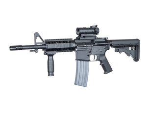 Modern black equipment with tactical sights, textured grip, and 30-round magazine