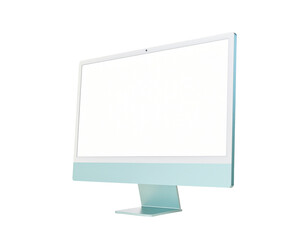 Modern desktop computer monitor with slim bezel and pastel blue base standing