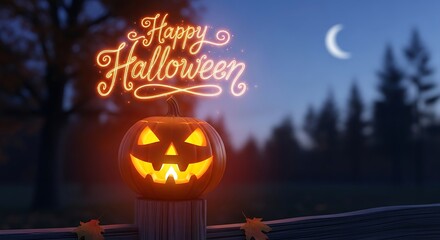 Lit jack o lantern with halloween greeting against a dark night backdrop