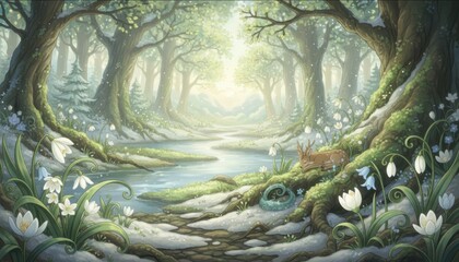 Dreamy illustration of a peaceful forest with a sleeping deer surrounded by white flowers and a winding river