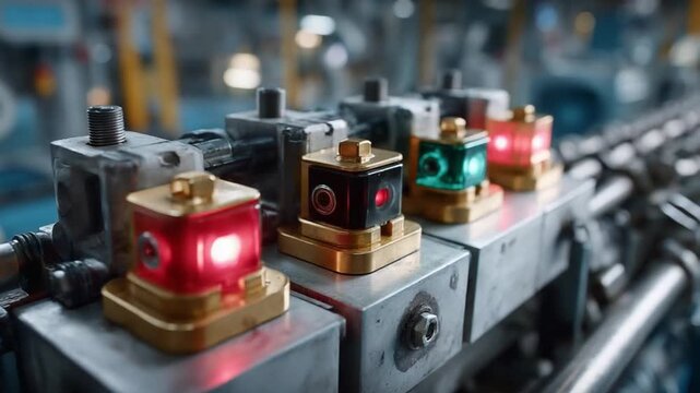 Industrial Signaling: A row of colorful indicator lights, each signaling a distinct function within a vast, metallic industrial landscape.