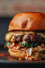 Fresh craft beef burger with cucumbet and chilly flakes on dark plate