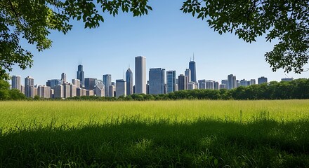 Bright daytime view of a metropolitan skyline across a vibrant green open field framed by foliage