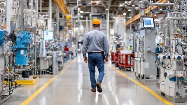 Industrial Stroll: An engineer in safety gear navigates the complex machinery, overseeing the precision and progress of modern manufacturing.
