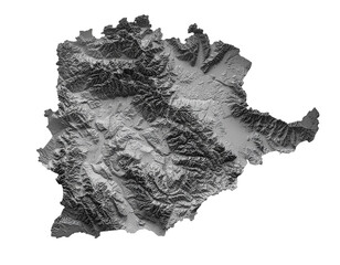 Mountainous terrain topographic relief map with rugged ridges and deep valleys