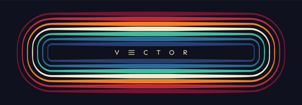 The colorful frame consists of multiple multicolored lines. Glow effect. Neon and LED strips. Vector illustration for brochure, poster, cover, card, flyer, banner, advertising or presentation.