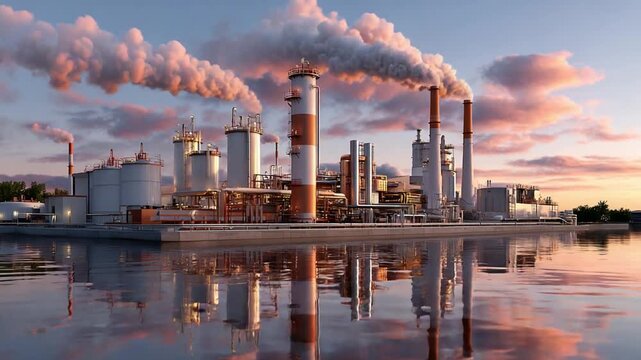 Industrial Landscape at Sunset: The scene shows an industrial complex, emitting plumes of smoke against a backdrop of a colorful sunset, creating a juxtaposition of industry and the natural world.