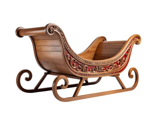 Ornate wooden sleigh with carved red decorative details and curled runners