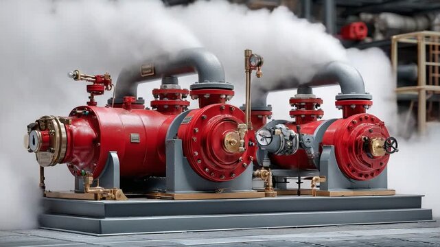 Industrial Steam Machinery: Industrial machinery spews steam, demonstrating raw power and showcasing engineering prowess. A striking study in red and gray.