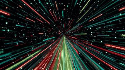 Retro pixel art warp tunnel showing hyper jump through deep space, glowing star trails and vibrant cosmic colors with smooth forward motion. - Powered by Adobe