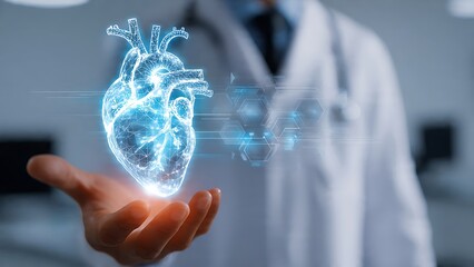 A doctor in a white coat holds a glowing blue heart in their hand with a futuristic interface