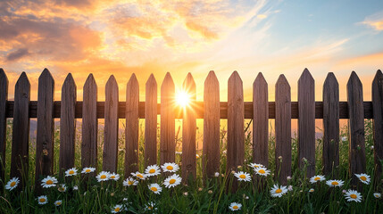 Field of white daisies with a rustic wooden fence at sunset, bathed in warm light, creating a serene, pastoral, and romantic countryside scene.