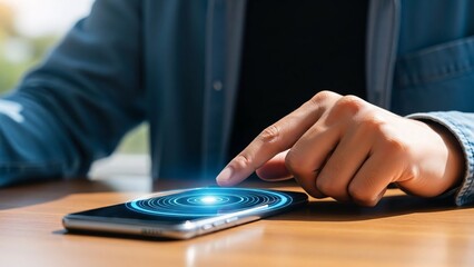 Close-up of a person interacting with a futuristic touchscreen interface on a smartphone device with glowing digital graphics for technology innovation and user engagement