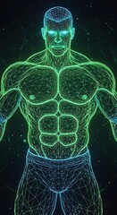 Muscular human silhouette rendered in bright neon wireframe against a dark background