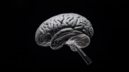 Side view of a human brain rendering against a black background. Detailed depiction of folds, with the brainstem and structures