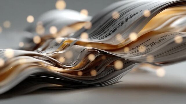 Paper Pages Abstract: A creative perspective of paper pages, gracefully forming a wave-like structure and illuminated by glowing orbs, embodying abstract art and a concept of information flow.