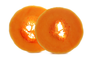 Raw muscat squash, orange slice circle isolated on white background, side view