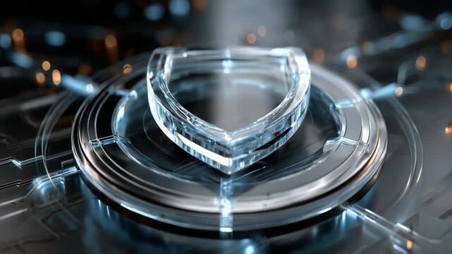 Digital Shield: A 3D rendered graphic of a luminous, transparent shield, symbolizing security and protection, superimposed over a detailed circuit board.