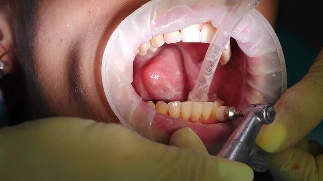 Oral hygiene. Ultrasonic teeth cleaning machine removing calculus and plaque. human teeth treatment. Professional dentist treating patient in modern dental clinic. dental care and hygiene