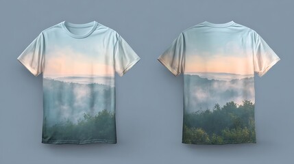 Showcase of a stylish mockup t-shirt design featuring a scenic landscape studio environment front and back views for creative presentation.