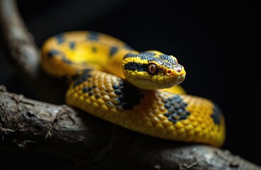 Obraz premium Yellow pit viper with black markings rests on tree branch against dark background. Reptile shows patterned scales, striking eyes, alert head position.