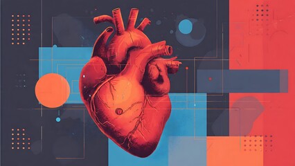 A vibrant digital illustration of a human heart on a colorful geometric background