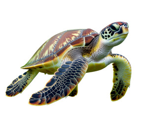 Sea turtle gliding through clear water with patterned shell and webbed flippers in vibrant hues