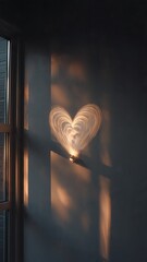 A heart-shaped light shines on a dark wall through a window