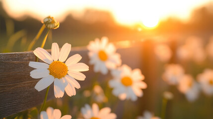 Field of white daisies with a rustic wooden fence at sunset, bathed in warm light, creating a serene, pastoral, and romantic countryside scene.