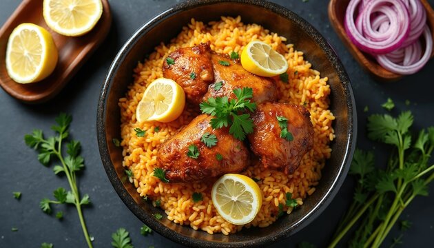Top view of senegalese yassa chicken served over fluffy rice. Garnished with lemon slices, fresh parsley, and red onion rings. This savory dish looks appetizing and flavorful.