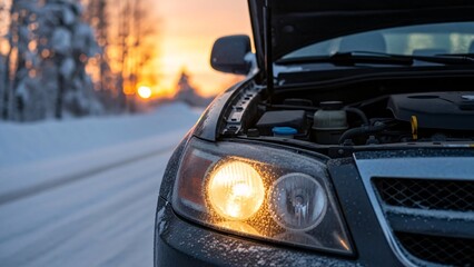 Close-up of a car headlight illuminated during winter sunset with snow covered road and trees in background capturing cold weather and vehicle lighting details