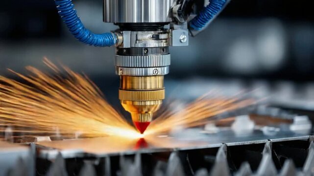 Laser Cutting Technology: Close-up of a modern laser cutter precisely cutting metal, showcasing innovation and industrial processes with a display of sparks.