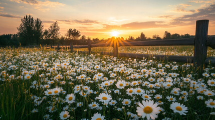 Field of white daisies with a rustic wooden fence at sunset, bathed in warm light, creating a serene, pastoral, and romantic countryside scene.