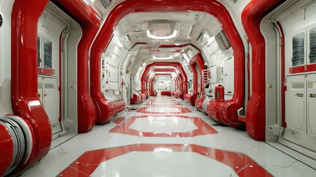 Futuristic Corridor: A mesmerizing perspective of a sleek, modern corridor design, with bold red piping against a pristine interior and a futuristic appeal.