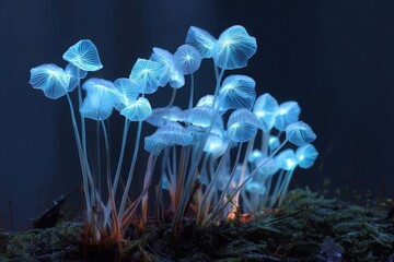 These fungi are radiating a soft, blue glow against a dark background, creating a magical and otherworldly scene