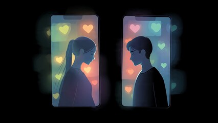 A digital illustration of a man and woman in love, shown as silhouettes on mobile phones with heart backgrounds