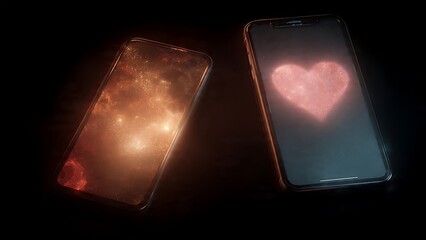 Two smartphones with glowing screens displaying a heart and a galaxy on a dark background