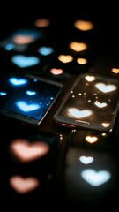 Two smartphones display glowing heart icons on their screens in a dark setting