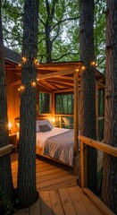 Wooden vacation lodging built among tall trees illuminates a cozy bedroom setting