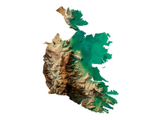 Topographic map of a coastal region with rugged mountains and emerald waterways