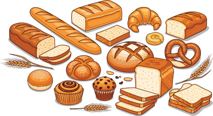 Bread pastry baked goods vector illustration, croissant pretzel muffin cookie bun loaf, bakery food flat design, wheat sketch