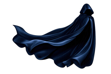 Dark blue hooded cloak flowing in the wind, creating an enigmatic silhouette. Represents mystery, magic, and fantasy, isolated on a transparent background