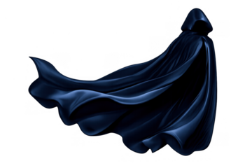 Dark blue hooded cloak flowing in the wind, creating an enigmatic silhouette. Represents mystery, magic, and fantasy, isolated on a transparent background