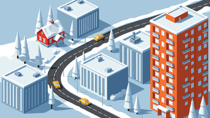 Winter cityscape, snowy urban road, isometric buildings, red apartment, yellow cars, snow trees, chimney smoke, flat vector, CAD drawing, illustration © LILUFA