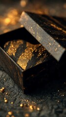 A luxurious black box with gold accents sits open on a dark surface, revealing its treasure inside.