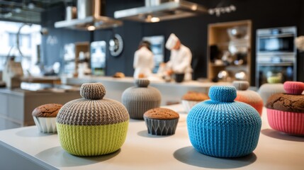 Detailed medium shot of colorful 3D printed snack portions displayed on a modern kitchen counter highlighting innovative culinary creativity.