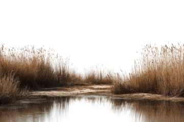 Marshland ecosystem with tidal waters and reeds isolated on transparent background
