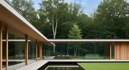 Contemporary residence exhibits clean lines and natural materials nestled within a dense woodland setting